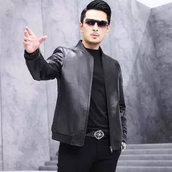 Кожаная куртка мужская короткая с круглым вырезом из овчины, весенняя облегающая повседневная кожаная куртка, тонкая куртка S