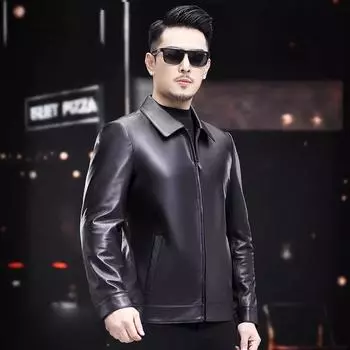 Кожаная куртка мужская кожаная куртка первого слоя из коровьей кожи средней длины для папы, деловая повседневная куртка мужская кожаная куртка высокого класса M