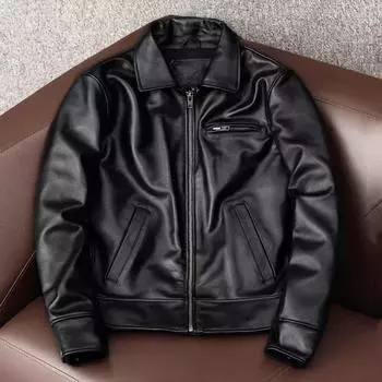 Кожаная куртка мужская кожаная куртка первый слой маленькая желтая коровья кожа осенняя мода тонкая кожаная куртка S