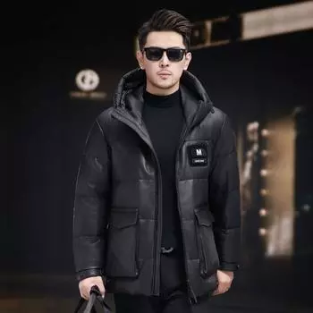 Кожаная куртка мужская кожаная куртка-пуховик овчинная куртка свободная версия с капюшоном утолщенная куртка зимняя L чёрный