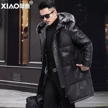 Кожаная куртка мужская кожаная куртка пуховик первый слой телячья кожа меховой воротник капюшон средняя и длинная кожаная куртка мужская кожаная L