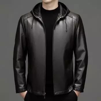 Кожаная куртка мужская красивая повседневная кожаная куртка с капюшоном для папы среднего возраста осенне-зимняя мужская куртка из овчины 170