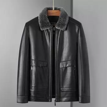 Кожаная куртка мужская куртка деловая повседневная флисовая утолщенная меховая интегрированная зимняя кожаная куртка для папы с лацканами 175 чёрный