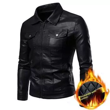 Кожаная куртка мужская куртка с лацканами модная повседневная кожаная куртка высокого класса осенне-зимняя красивая верхняя куртка M чёрный