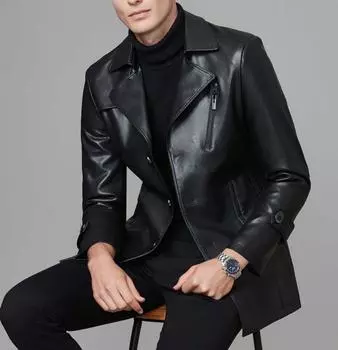 Кожаная куртка мужская куртка высокого качества из овчины среднего возраста для мотоциклистов нового стиля средней длины ветровка из натуральной кожи 170