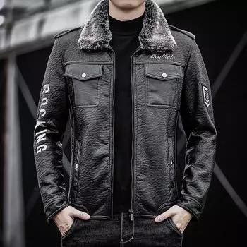 Кожаная куртка мужская меховая цельная куртка из искусственной кожи с лацканами для мотоциклистов мужская утолщенная кожаная куртка корейской версии M