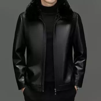 Кожаная куртка, мужская меховая куртка с интегрированным мехом, зимнее плюшевое утепление, съемный меховой воротник среднего возраста, мужская отцовская куртка с лацканами XXXXL