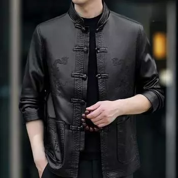 Кожаная куртка мужская модная и повседневная тонкая куртка из коровьей кожи в китайском стиле в стиле Тан XXXXL чёрный