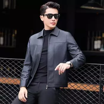 Кожаная куртка мужская модная корейский стиль лацкан тонкая кожаная куртка осень новая многокарманная мужская кожаная куртка M