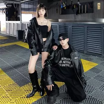 Кожаная куртка мужская модная теплая и утолщенная повседневная кожаная куртка для пары с лацканами S чёрный