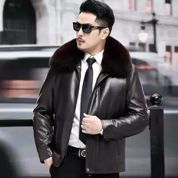 Кожаная куртка, мужская натуральная кожа, короткий костюм-ник, мужская подкладка из норки, золотистая норка, мужская куртка из меха и меха «все в одном», зимняя L/175 коричневый