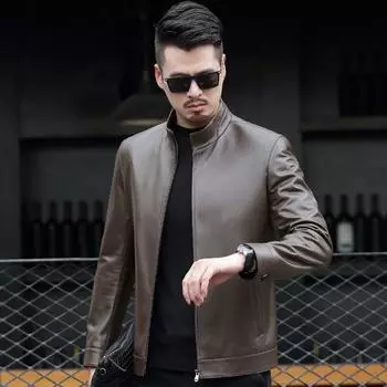 Кожаная куртка мужская натуральная кожаная куртка стойка воротник молния свободная куртка большого размера весна и осень старый папа мужская одежда 170