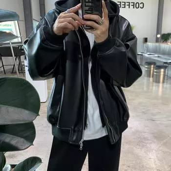 Кожаная куртка мужская новая поддельная двухкомпонентная куртка с капюшоном корейский стиль свободная модная брендовая рабочая кожаная куртка M чёрный