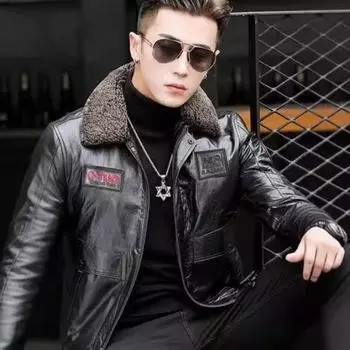 Кожаная куртка мужская новая вышитая кожаная куртка локомотивный костюм летный костюм ВВС повседневный тренд мужское зимнее пальто XL чёрный