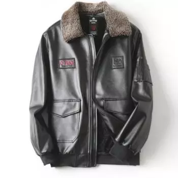 Кожаная куртка мужская новая вышитая кожаная куртка мотоциклетный костюм летный костюм ВВС повседневная модная мужская зимняя куртка L чёрный
