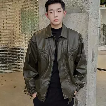 Кожаная куртка мужская осенне-зимняя американская ретро-парная флисовая теплая кожаная куртка локомотивная мужская ветрозащитная повседневная куртка M армия зеленый
