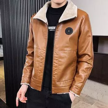 Кожаная куртка мужская осенне-зимняя короткая мотоциклетная куртка корейского стиля с отворотом, модная тонкая бархатная кожаная куртка, красивый и модный летный костюм M