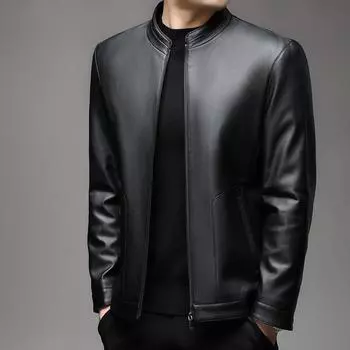 Кожаная куртка мужская осенне-зимняя, новая мужская куртка с воротником-стойкой из мягкой кожи, мужская куртка среднего возраста, свободная деловая повседневная кожаная куртка 170