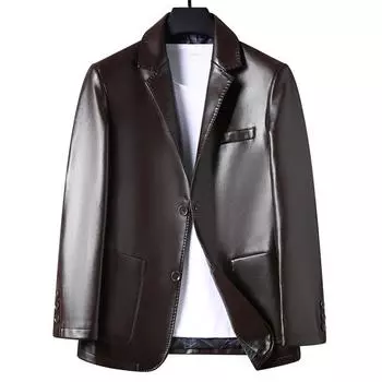 Кожаная куртка мужская осенне-зимняя новая мужская одежда мягкий кожаный костюм воротник кожаная куртка мужской двухпуговичный повседневный кожаный костюм 170 чёрный