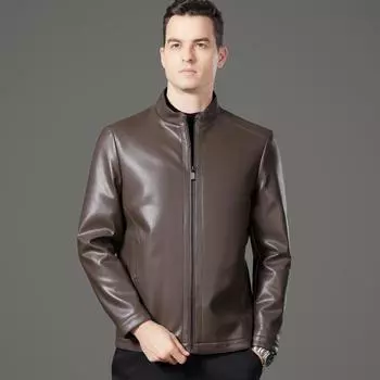 Кожаная куртка мужская осенне-зимняя пуховая куртка из овчины для пап среднего возраста, мужская повседневная кожаная куртка 170