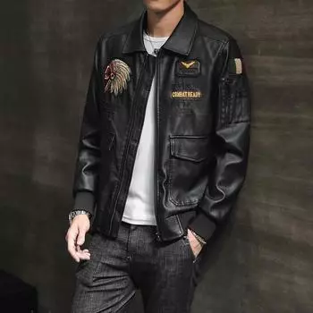 Кожаная куртка мужская осенняя новая европейская и американская панк-повседневная тенденция вышитая кожаная куртка молодежная мотоциклетная куртка мужская тенденция M