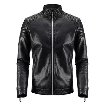 Кожаная куртка мужская осенняя новая кожаная куртка с карманом на молнии, пальто в корейском стиле, тонкая повседневная куртка из искусственной кожи M чёрный