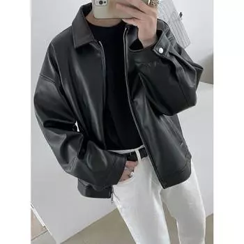 Кожаная куртка мужская осенняя повседневная бейсбольная форма мотоциклетная куртка из искусственной кожи S чёрный