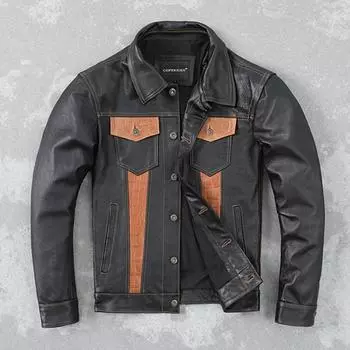 Кожаная куртка мужская, первый слой, воловья кожа, контрастный деним, чистая кожаная куртка с лацканами, тонкое модное пальто S чёрный
