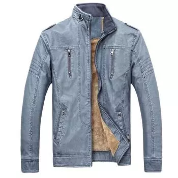 Кожаная куртка мужская повседневная стираная ПУ мотоциклетная зимняя плюс бархатное теплое пальто M синий