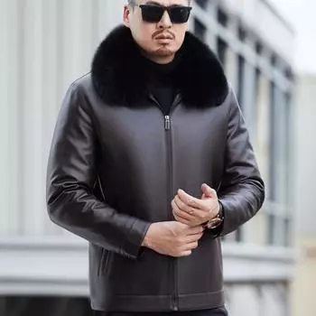 Кожаная куртка мужская пуховая куртка с подкладкой осенне-зимняя кожаная куртка с лацканами утолщенная куртка из овчины M