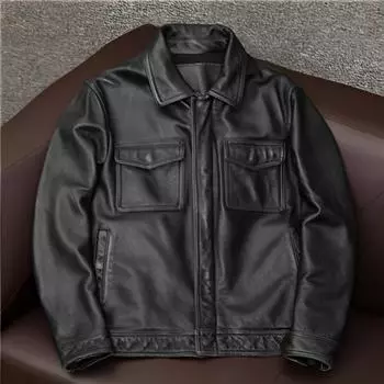 Кожаная куртка мужская с лацканами, короткая, первый слой, воловья кожаная куртка, шлифованная камнем, старая локомотивная кожаная куртка S