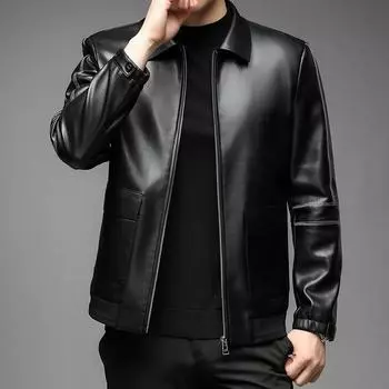 Кожаная куртка мужская с лацканами мотоциклетная кожаная куртка зимняя овчина повседневная пальто среднего возраста с большим карманом 170