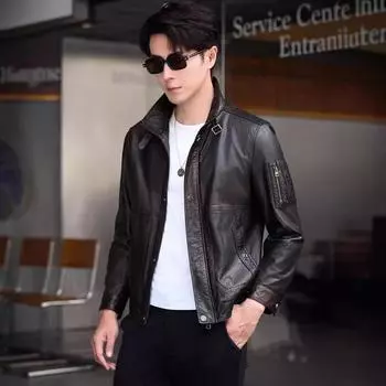 Кожаная куртка мужская сезонная повседневная короткая облегающая куртка из коровьей кожи с верхним слоем Tide M