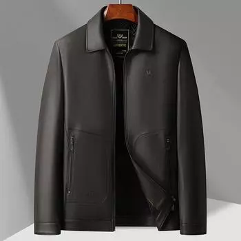 Кожаная куртка мужская среднего и пожилого возраста осенне-зимняя с воротником-лацканом и флисовой подкладкой кожаная куртка мужская повседневная кожаная куртка M