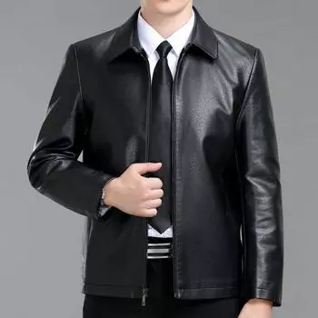Кожаная куртка мужская среднего возраста бархатная утолщенная кожаная куртка большого размера для пап среднего и пожилого возраста осенне-зимняя повседневная куртка 170