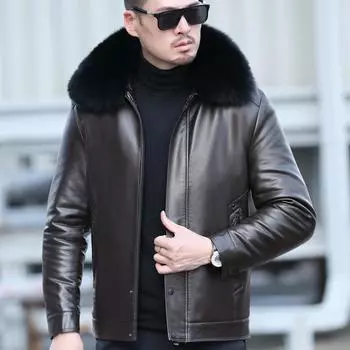 Кожаная куртка мужская среднего возраста из золотистого овечьего флиса с утолщением преодолевает повседневную полноту Куртка Plus M