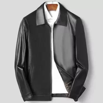 Кожаная куртка мужская среднего возраста, пальто осенне-зимнее, одинарная кожаная тонкая овчина, мужская кожаная куртка, кожаная куртка мужская L чёрный