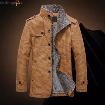 Кожаная куртка мужская теплая зимняя куртка пальто L хаки