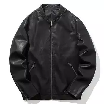 Кожаная куртка мужская тонкая корейская стиль красивая осень и зима новый стиль весна и осень куртка молодежная стойка воротник мотоциклетная мужская M чёрный