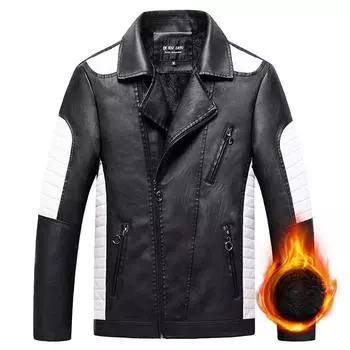 Кожаная куртка мужская тонкая куртка из искусственной кожи модная мотоциклетная кожаная куртка плюс бархат повседневная утолщенная мужская кожаная куртка контрастного цвета с лацканами M