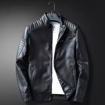 Кожаная куртка мужская тонкая весна и осень новый стиль тонкий корейский стиль модный плюс бархат красивая молодежная мотоциклетная кожаная куртка для мужчин M