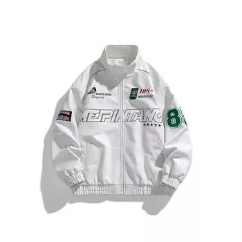 Кожаная куртка мужская велосипедная новая осенняя куртка с воротником-стойкой в стиле локомотива из искусственной кожи корейская версия трендовая вышитая американская повседневная куртка M белый