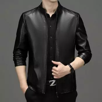 Кожаная куртка мужская весна и осень куртка из натуральной кожи для мужчин среднего и пожилого возраста короткая куртка из овчины с воротником-стойкой кожаная куртка для папы M