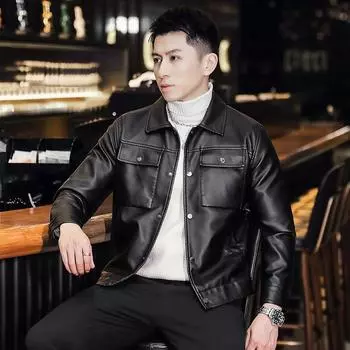 Кожаная куртка мужская весна и осень облегающая корейский стиль красивый мотоциклист светский дух куртка молодого человека модный интернет знаменитость тот же стиль M