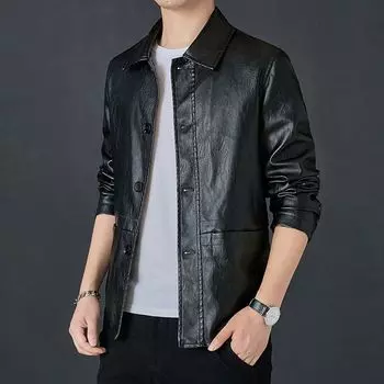 Кожаная куртка мужская весна и осень тонкая среднего возраста осень и зима бархатная утолщенная кожаная куртка большого размера кожаная куртка пальто M