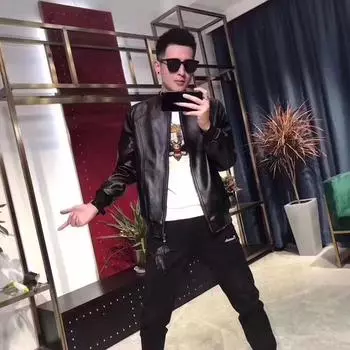 Кожаная куртка мужская весна-осень свободная тонкая мужская куртка молодежный кошелек локомотив 52