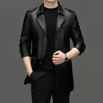 Кожаная куртка мужская ветровка весна-осень-зима, средняя и длинная, двубортная, с воротником-стойкой, повседневная кожаная куртка в деловом стиле 170 чёрный