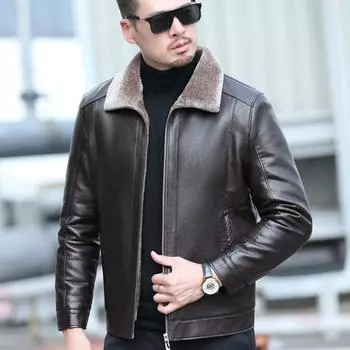 Кожаная куртка мужская зимняя флисовая утолщенная средняя повседневная меховая интегрированная локомотивная кожаная куртка зимняя M