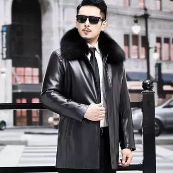 Кожаная куртка Ni Overcome мужская средняя и длинная с подкладкой из норки, кожаный меховой воротник, средняя и старая меховая интегрированная зимняя куртка из меха M коричневый