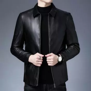 Кожаная куртка осень новая черная с лацканами куртка из овчины мужское кожаное пальто L чёрный